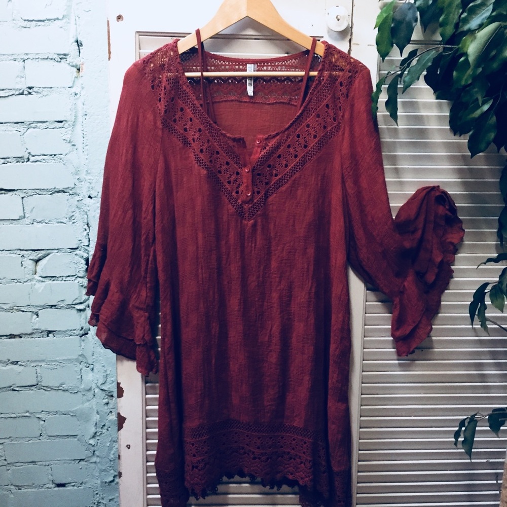 Monoreno Rust Boho Dress w/ Crochet & Ruffles